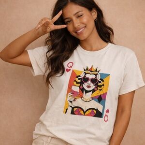 Pop Art Queen of Hearts Graphic Tee Colorful Playing Card Shirt Medium